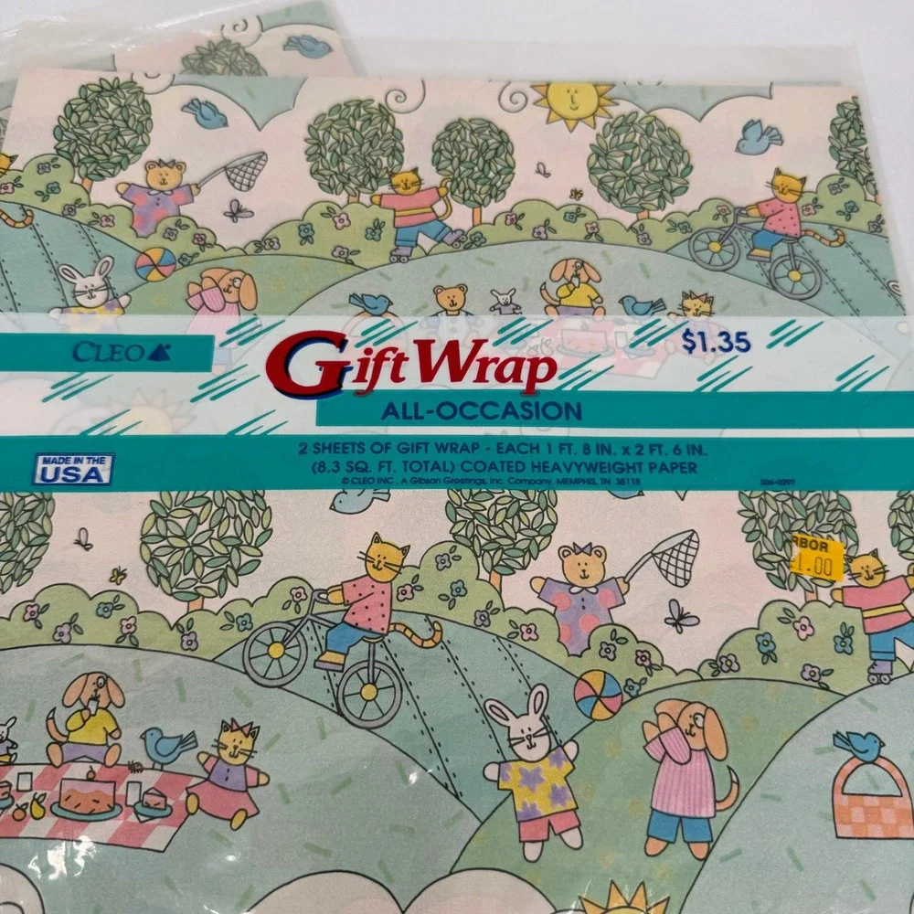 Cleo Gift Wrap Wrapping Paper Sheets Pastel Animal Kids Picnic VTG Lot of 2